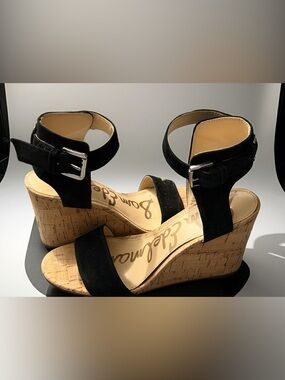 Sam Edelman Willow Black Suede Cork Wedge Sandals with Ankle Strap